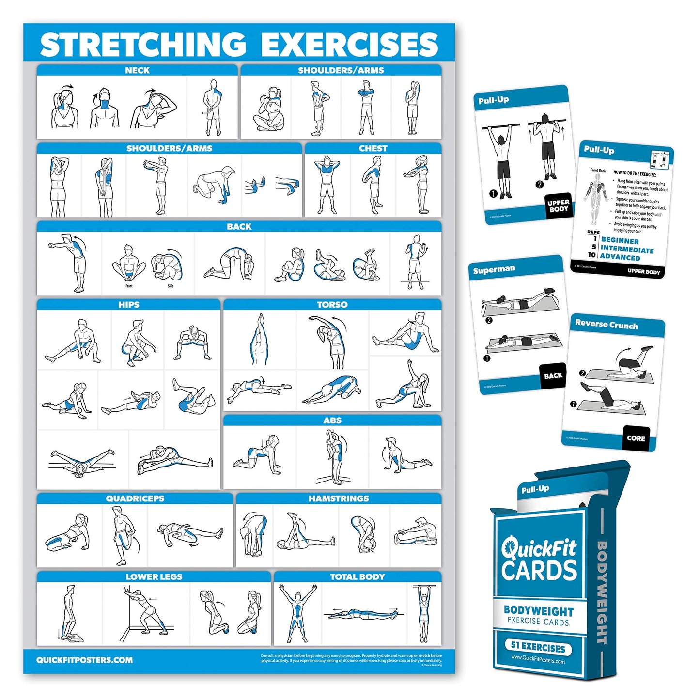 QuickFit 2 Pack - Stretching Exercise Poster - Laminated 18" x 24"" & Bodyweight Exercise Playing Cards - 2.5"" x 3.5"""