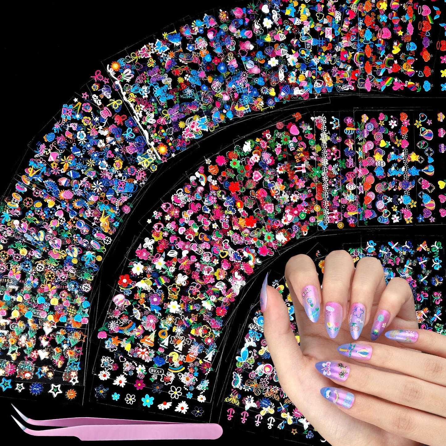 Teenitor 50 Sheets Nail Stickers for Kids, 3D Cute Girls Nail Art Stickers, Heart Flower Butterfly Bow Nail Decals for Nail Art, Fingernail Stickers for Women, Self Adhesive Nail Decorations in Summer