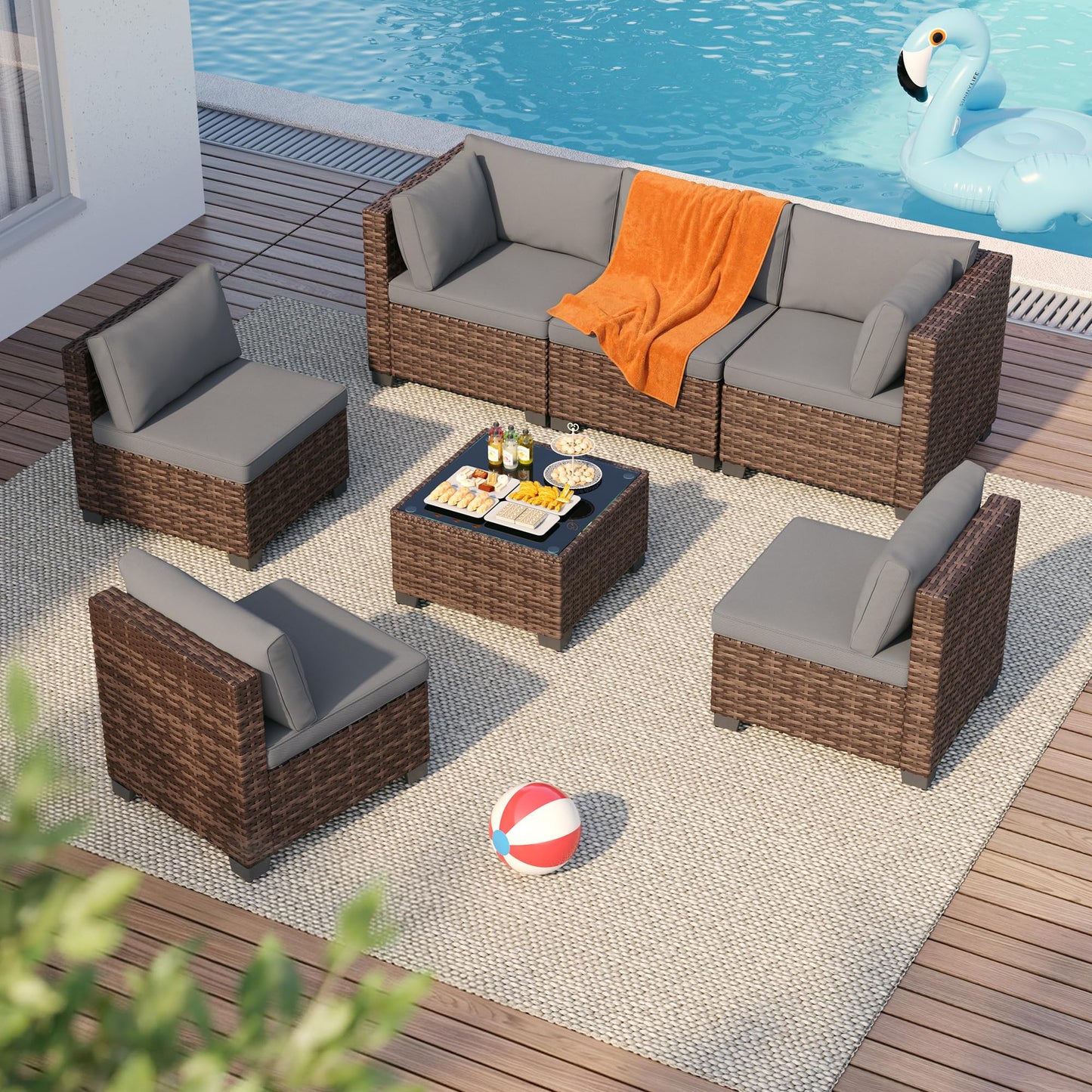 Qsun 7 Pieces Patio Furniture Set, Outdoor Sectional Rattan Sofa Set, Wicker Patio Conversation Set with Cushions and Glass Coffee Table, for Balcony, Porch, Garden, Grey
