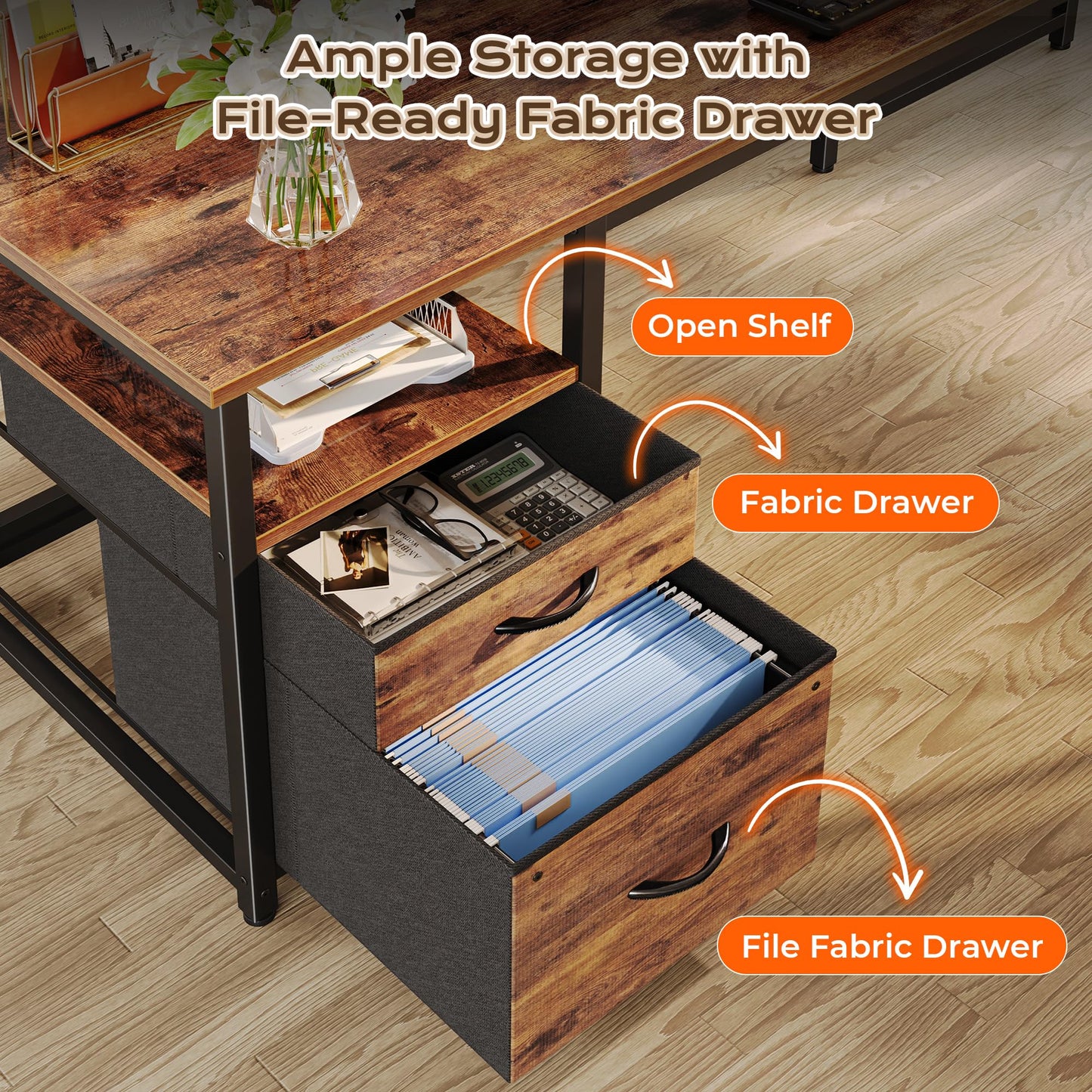 PRAISUN 63 Inch L Shaped Desk with Power Outlets and USB-C Port, Computer Corner Home Office Desk with File Fabric Drawers and Movable Monitor Stand, Larger Storage, Gaming, Writing, Rustic Brown
