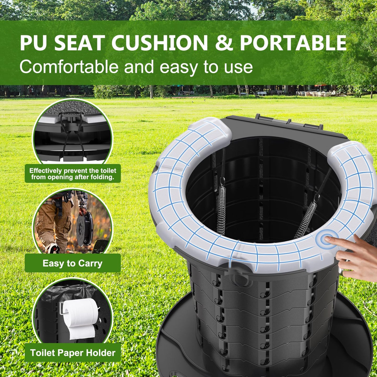 BLIKA Upgraded Retractable Portable Toilet with Soft Cushioned Seat, 350LBS Foldable Camp Toilet for Adults & Kids, Compact Travel Toilet for Camping, Hiking, RV Travel, Road Trips