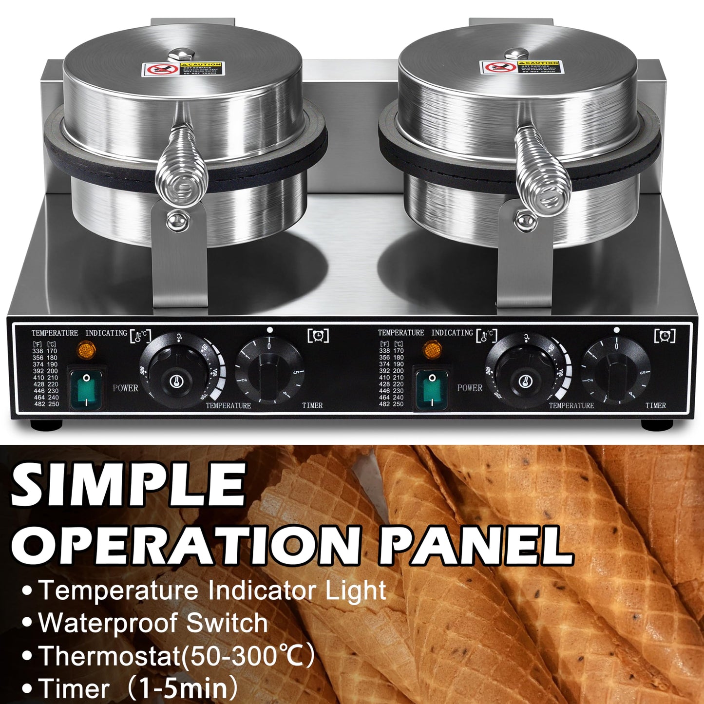 Waffle Cone Maker Commercial 2600W Professional Ice Cream Cone Waffle Maker Machine, Electric Commercial Waffle Cone Maker Machine With Temp & Time Control for for Restaurant Bakery Snack Bar Family