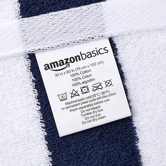 Amazon Basics 100% Cotton Soft & Absorbent Beach Towels, Cabana Stripe, Fast Drying, Machine Washable, Large 30 in x 60 in, Navy Blue, 2-Pack