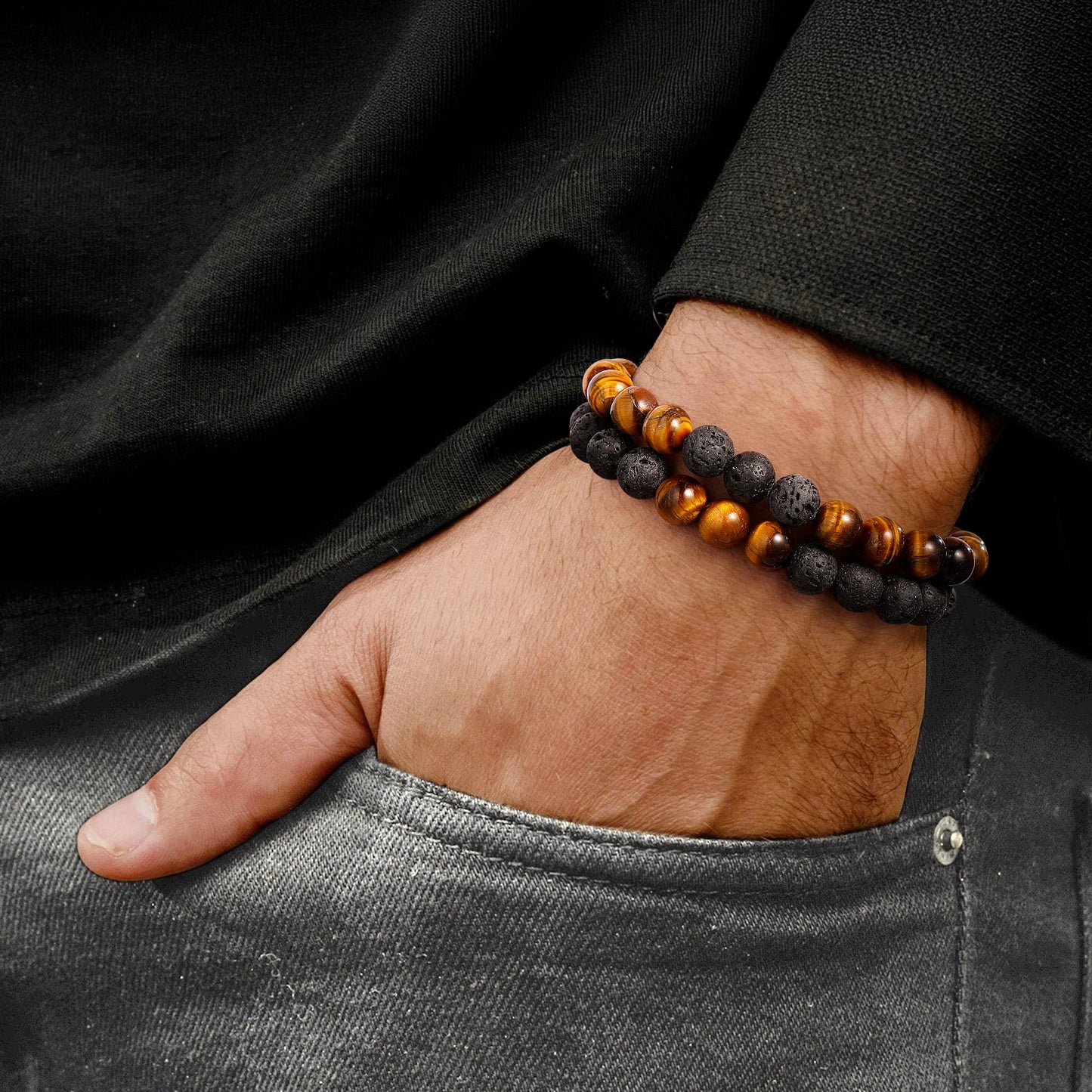 M MOOHAM Bracelets for Men - Beaded Natural Tiger Eye Bracelets for Men Black Lava Rock Stone Chakra Mens Anxiety Bracelet Adjustable Aromatherapy Oil Diffuser Jewelry Gifts