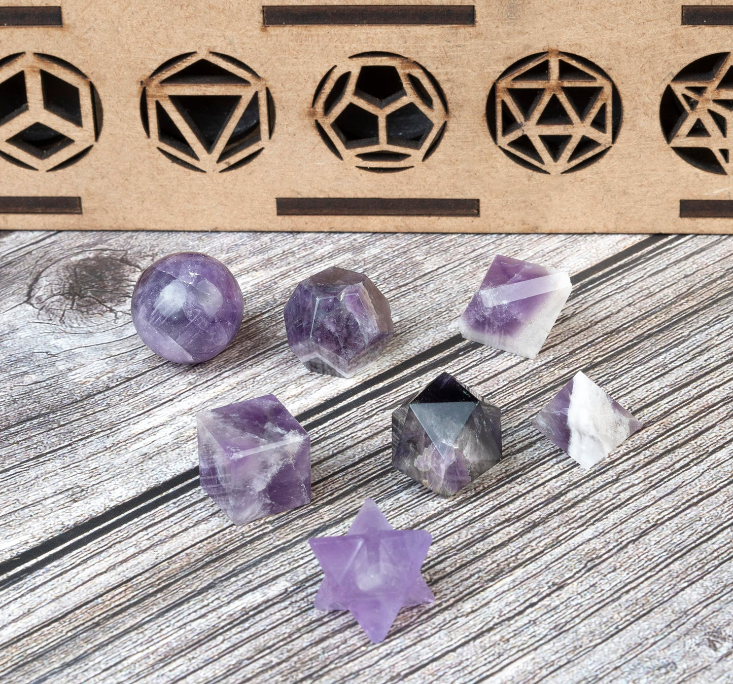 Crocon Amethyst 7 Pcs Platonic Sacred Stones Geometry Set for Chakra Stone Balancing Reiki Healing Spiritual Good Luck Home Office Decor Size: 15-20 mm
