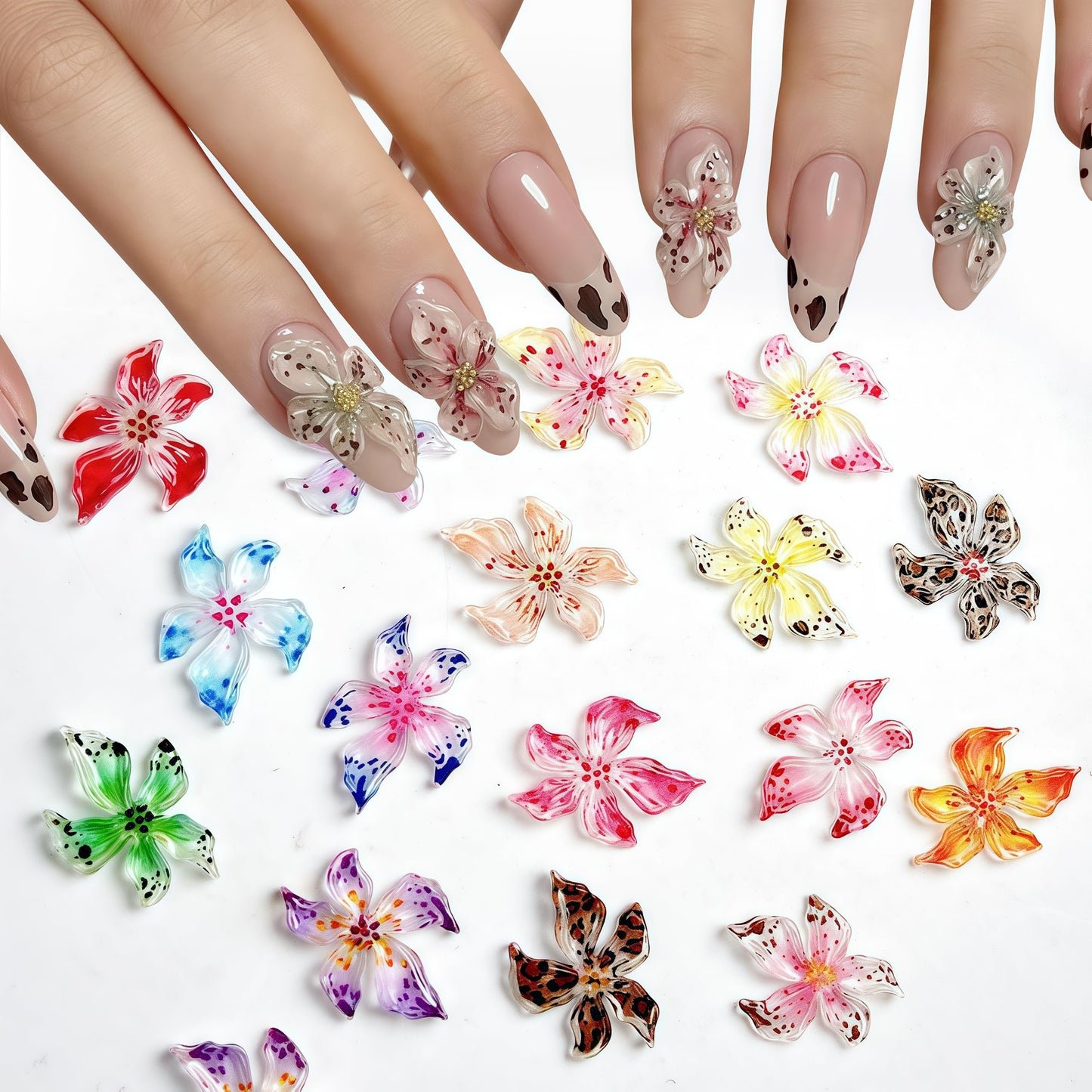 100PCS Hibiscus Flower Nail Art Charms 3D Hawaii Flowers Rhinestones Mixed Colorful Floral Diamonds Spring Summer Nail Jewelry Tiny Flowers Nail Design for Women Manicure Supplies