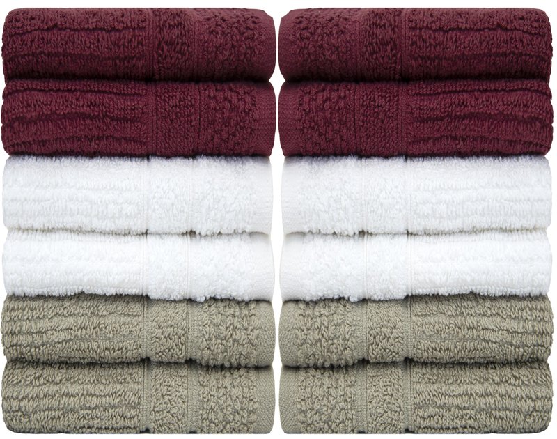 PH Pleasant Home Ribbed Wash Cloths Set - 12 Pack (12” x 12”) – 509 GSM - 100% Ring Spun Cotton Wash Cloth - Super Soft and Highly Absorbent Face Towels (Maroon, White & Tan)
