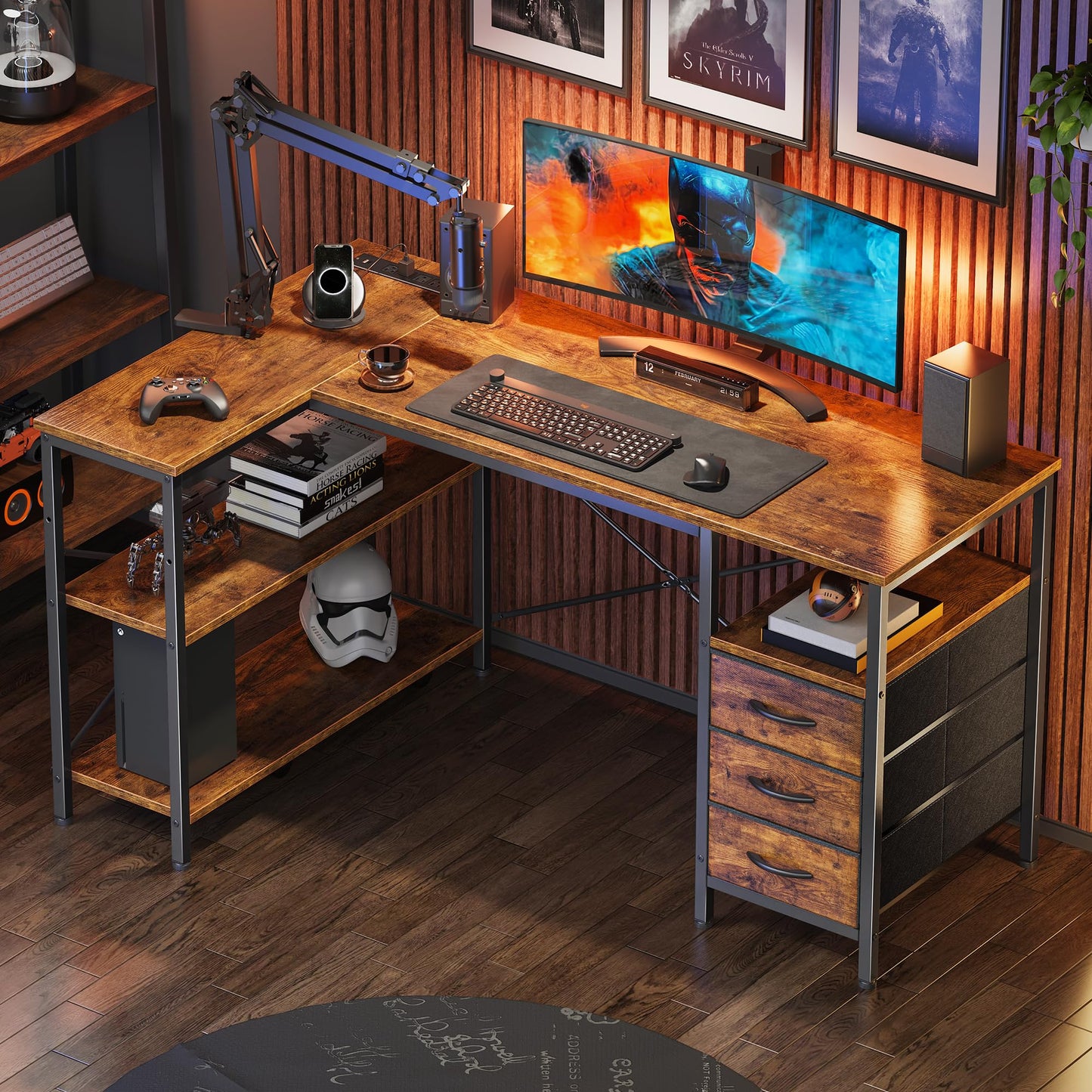Huuger L Shaped Office Desk with Power Outlets, 47 Inch Computer Desk with 3 Drawers, Shelves, for Gaming, Corner Work, Home Office, Study, Rustic Brown