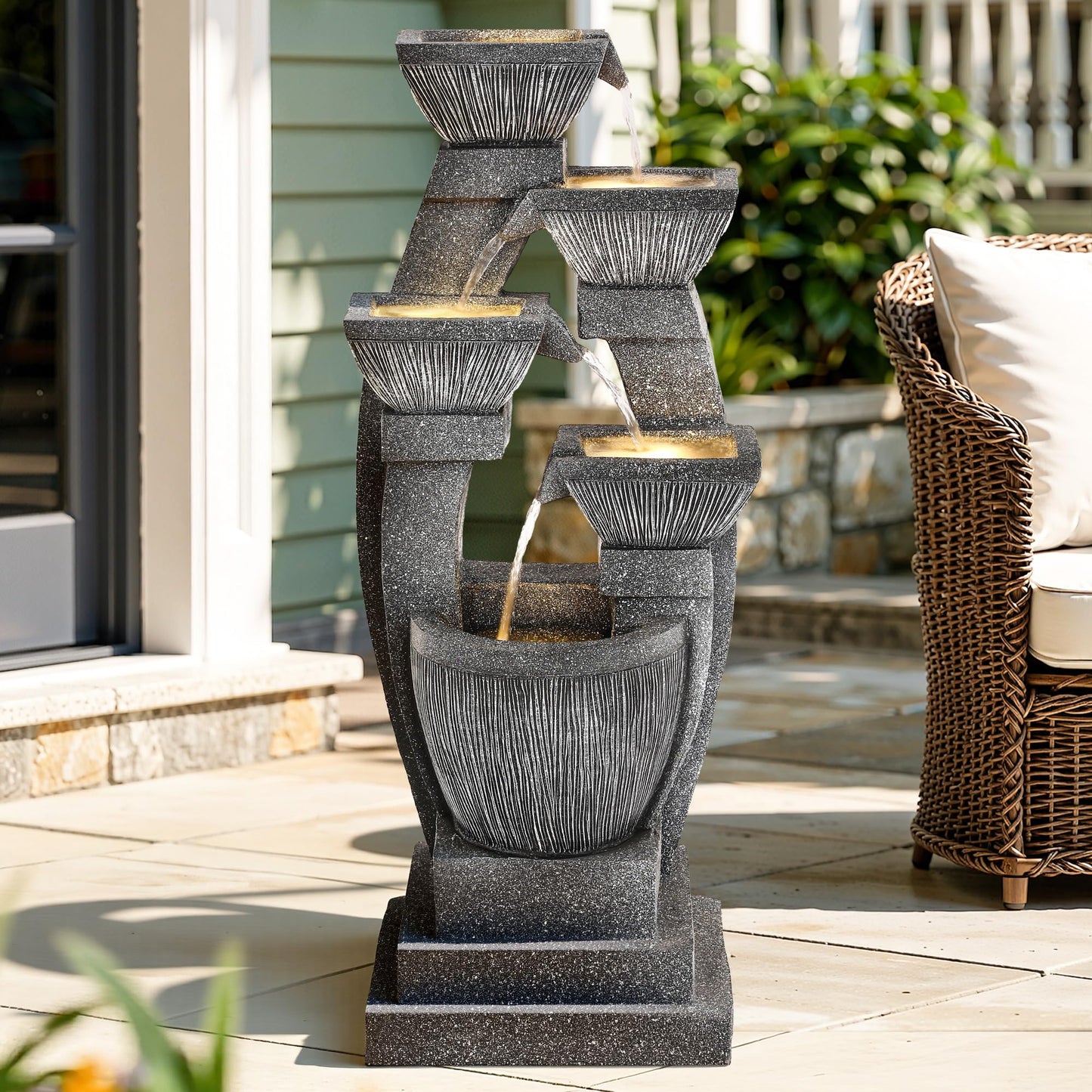 Ultym 40.5" Outdoor Fountain, Four-Column & Bowls Water Feature with LED Lights, Modern Resin Soothing Cascading Waterfall for Patio, Backyard, Garden or Porch