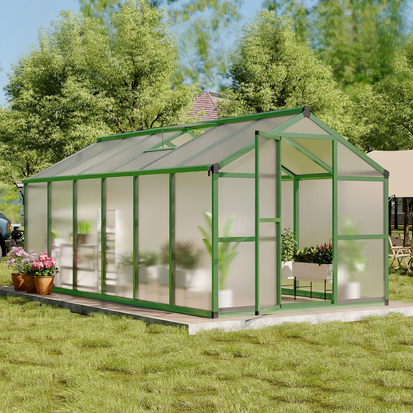 8x12 Ft Outdoor Greenhouses, Greenhouse Kit, Portablee Greenhouses with Ground Nails and Vent Windows, Sliding Lockable Door, Polycarbonate Green Houses for Outside Garden Backyard, Green