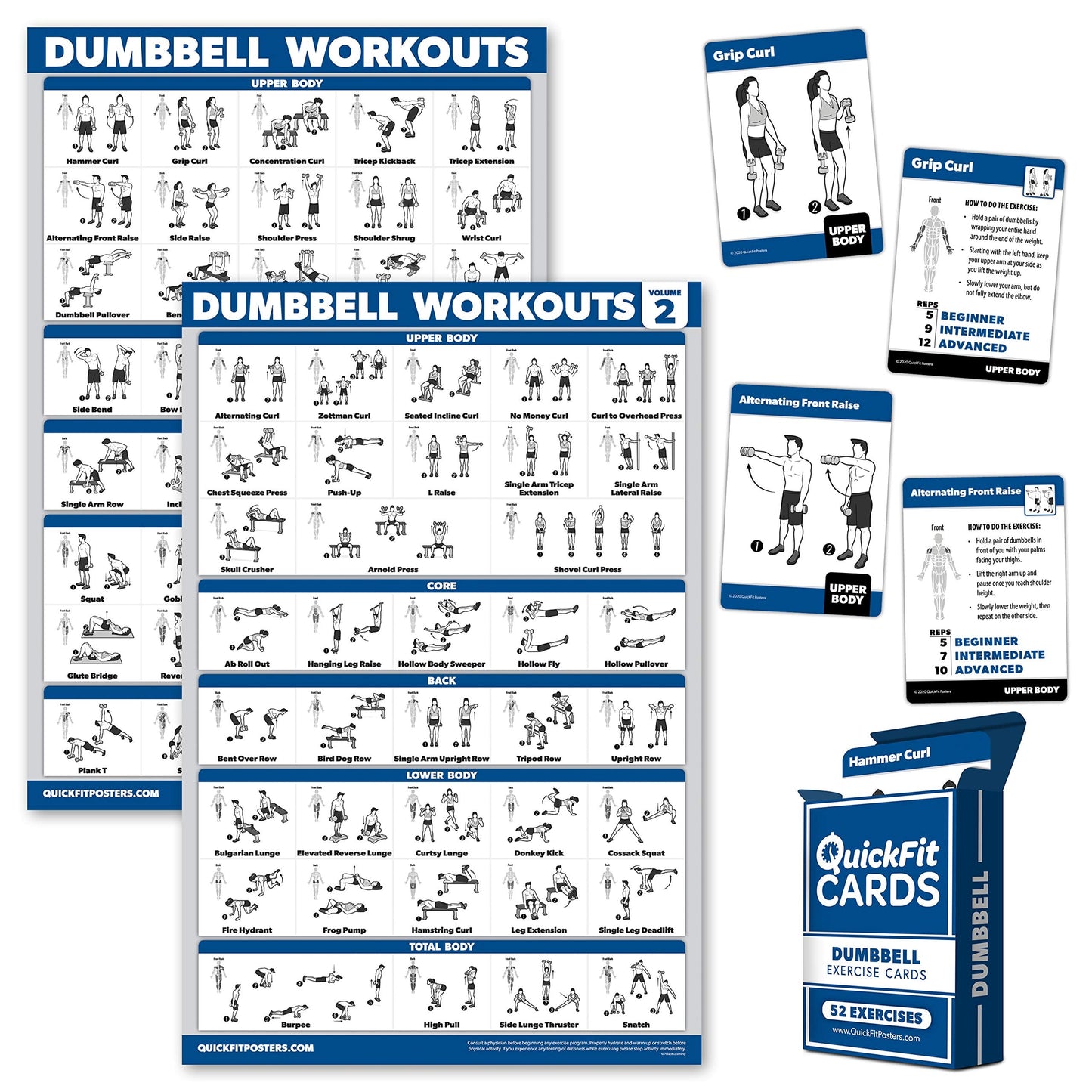 Palace Learning 3 Pack: Dumbbell Workout Exercise Posters Volume 1 & 2 + Dumbbell Exercise Playing Card Set (LAMINATED, 18" x 24"")"