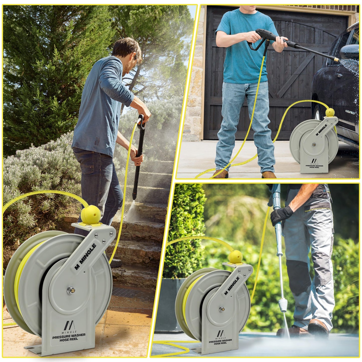 M MINGLE Retractable Pressure Washer Hose Reel, 1/4" × 60ft Heavy Duty Professional Hose Reel, Auto Rewind Power Washer Hose Reel, Wall/Floor Mounted, 3600 PSI