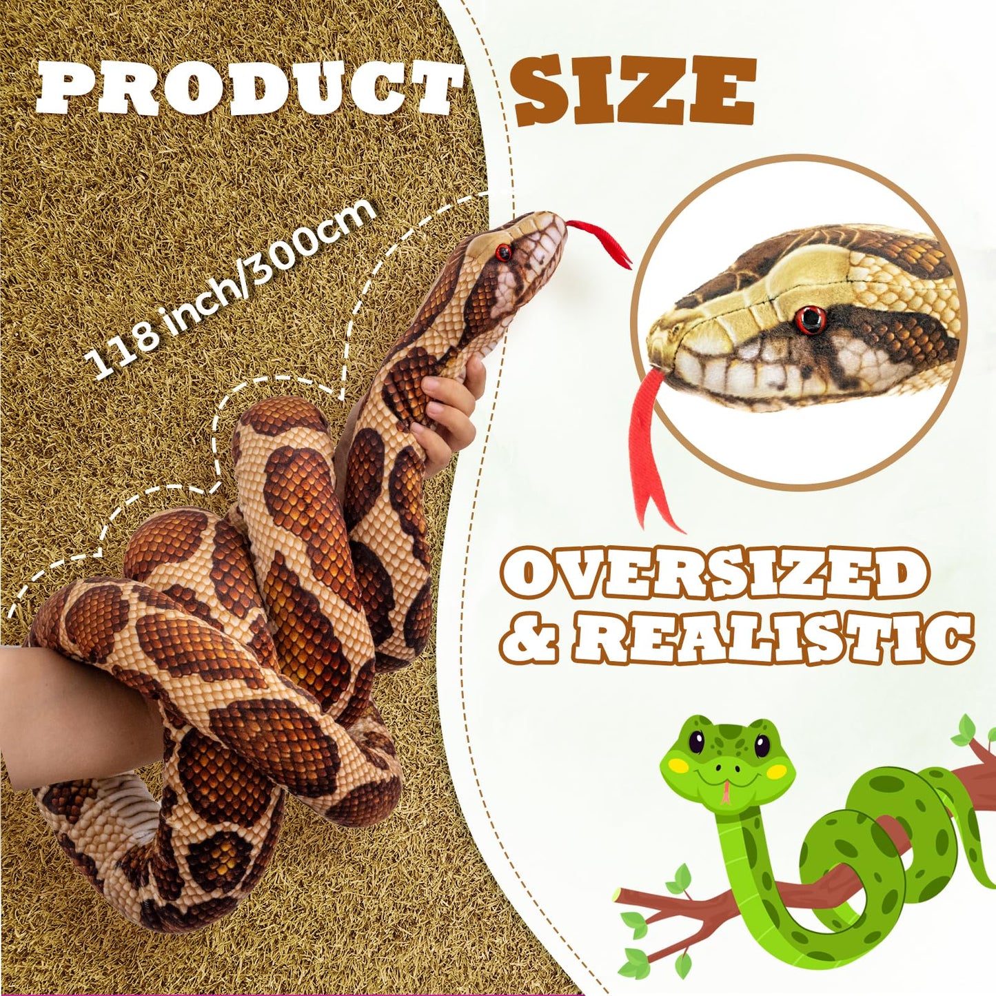 YOHAKI Giant Stuffed Snake Plush – 118 Inch Realistic Snake Toy for Kids & Adults, Machine Washable, Soft Animal Plush for Jungle Theme Decor, Birthday for Boys & Girls,Brown