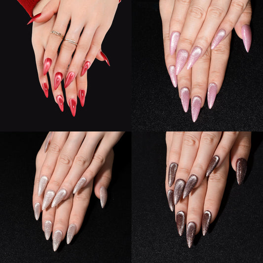 4Pack Handmade Press on Nails, Long Stiletto Fake Nails with Velvet & Gradient Designs, 4 Color Press on Nails, Full Cover Glossy Acrylic Nails, Reusable Stick on Nails for Women Girls, 96 Pieces