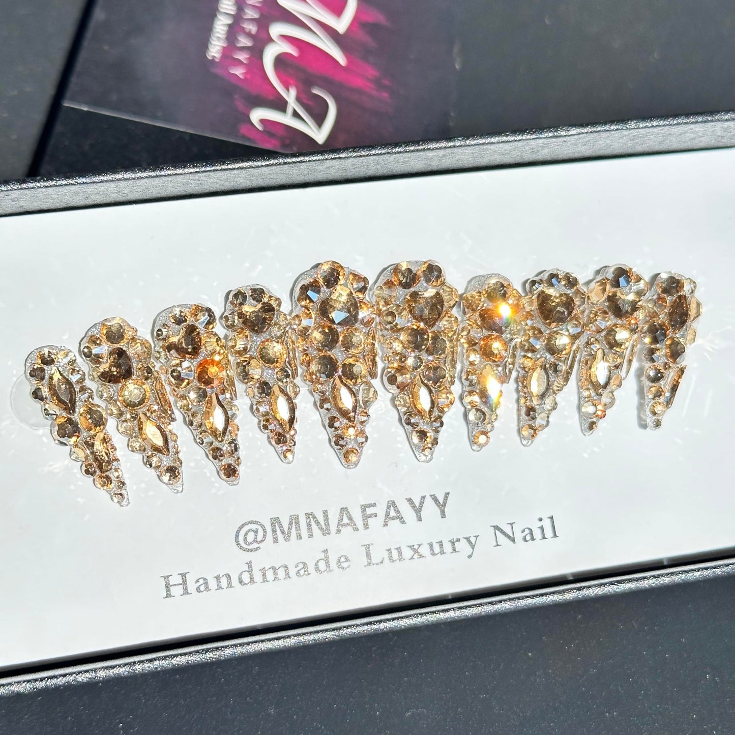 MNAFAYY Luxury Gems 100% Handmade Nails Gold Long Stiletto Press On Nails Full Cover 3D Rhinestone Crystal Gorgeous Reusable UV Finished Fake False Nails Acrylic Nail Kit With Box Gifts for Women M