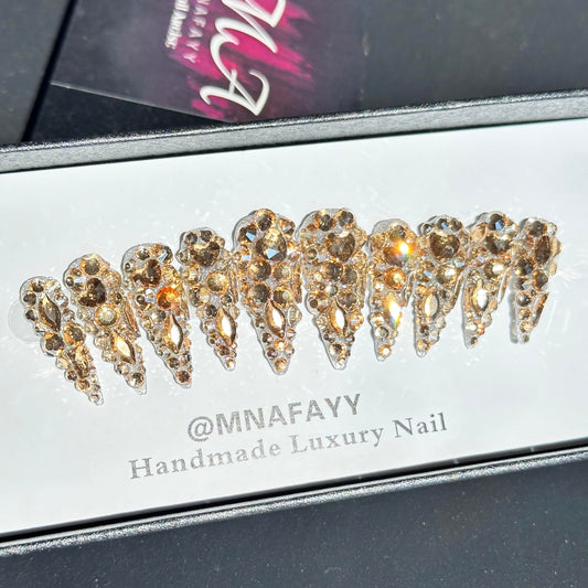 MNAFAYY Luxury Gems 100% Handmade Nails Gold Long Stiletto Press On Nails Full Cover 3D Rhinestone Crystal Gorgeous Reusable UV Finished Fake False Nails Acrylic Nail Kit With Box Gifts for Women L
