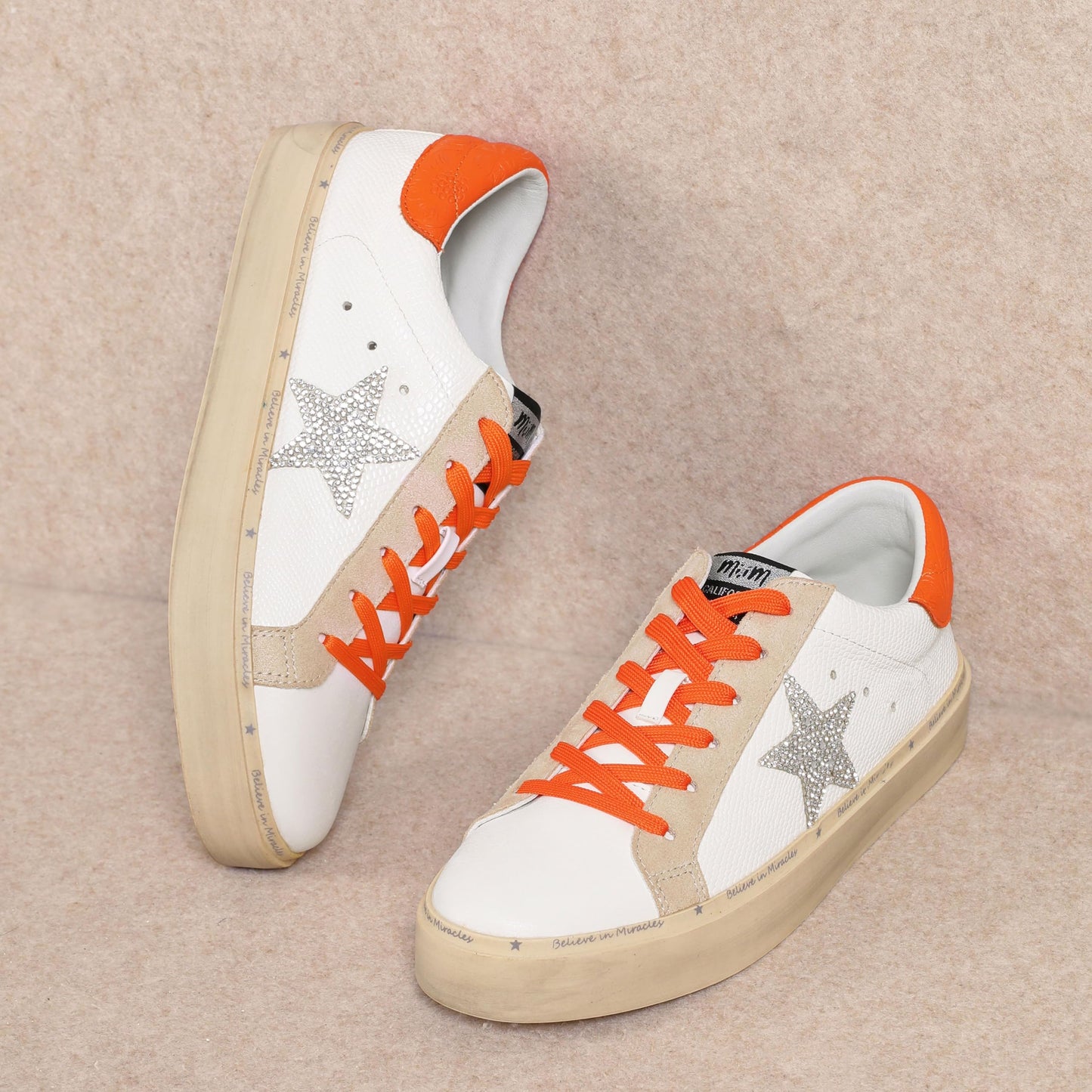 Mi.iM Gaby Rubber Sole Lace-up Snake Print Suede Star Sneakers (White Orange, US Footwear Size System, Adult, Women, Numeric, Medium, 6)
