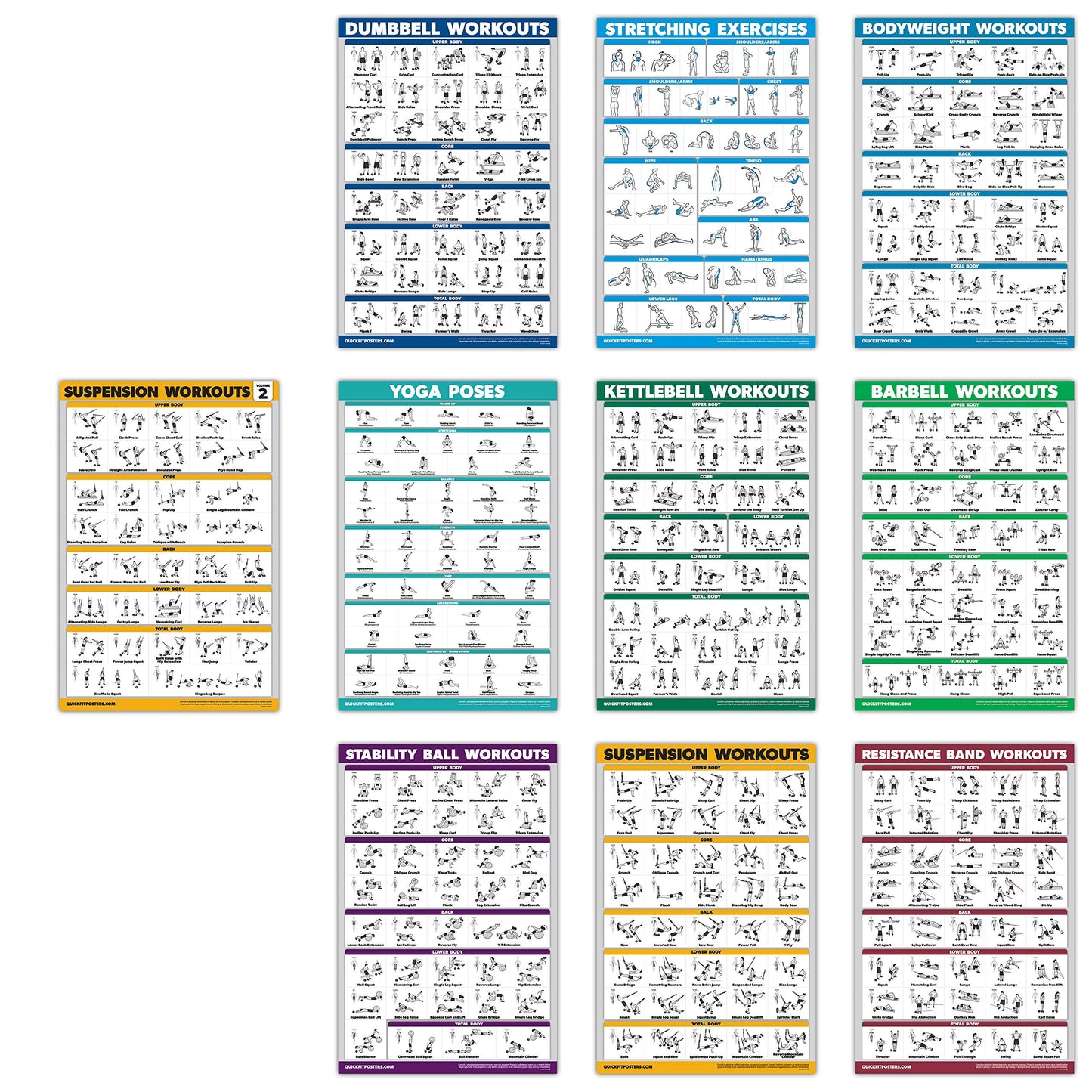 10 Pack - Exercise Workout Poster Set - Suspension Volume 1 & 2, Dumbbell, Kettlebell, Resistance Bands, Stretching, Bodyweight, Barbell, Yoga Poses, Exercise Ball (PAPER - NOT LAMINATED 18" x 24"")"