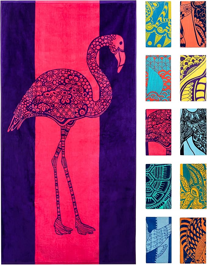 Nova Blue Flamingo Beach Towel â Pink and Purple with A Cute Design, Extra Large, XL (34âx 63â) Absorbent & Portable, Lightweight, Pink Beach Towel, Made from 100% Cotton