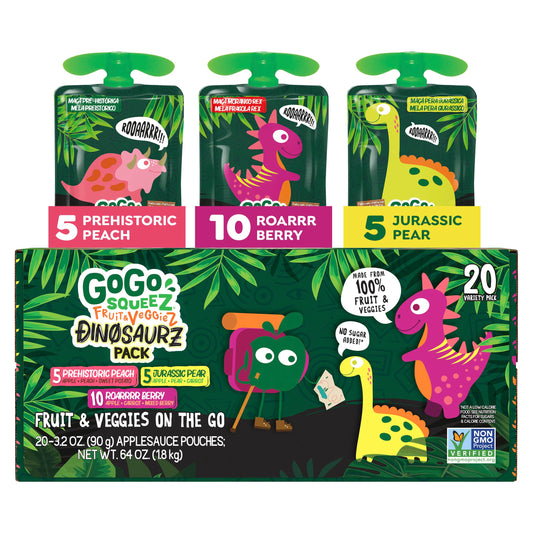 GoGo squeeZ No Sugar Added Fruit & veggieZ Applesauce and Puree Variety Pack, Jurassic Pear, Roarrrr Berry & Prehistoric Peach, 3.2 oz Pouches (Pack of 20), Fruit Snacks for Kids, Gluten Free, Nut Free, Recloseable Cap, BPA Free