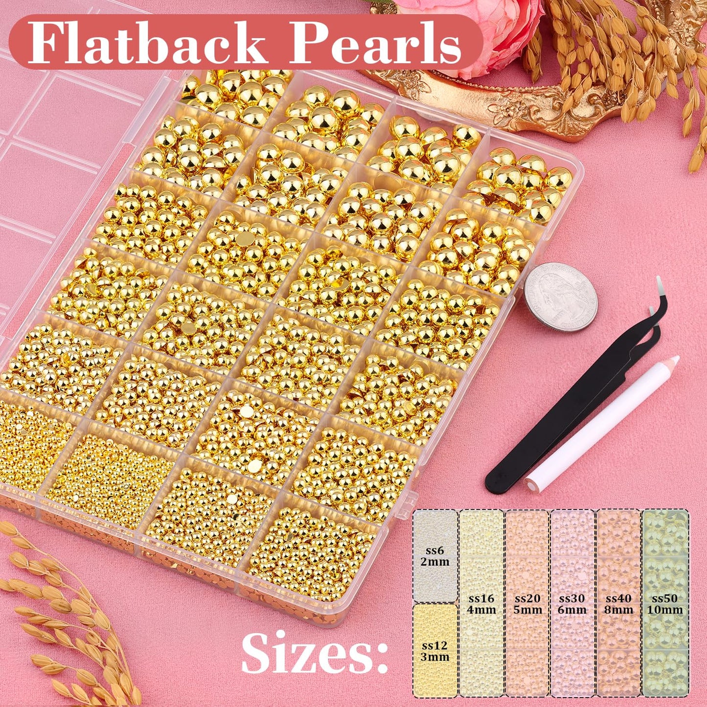 11000Pcs Flatback Pearls for Crafting (Gold), Assorted Size 2/3/4/5/6/8/10mm Non Hotfix Half Pearl, Bedazzling Bead for DIY Crafts Clothing Tumblers Mugs Shoes Fabric Embellishment Nail Art Makeup