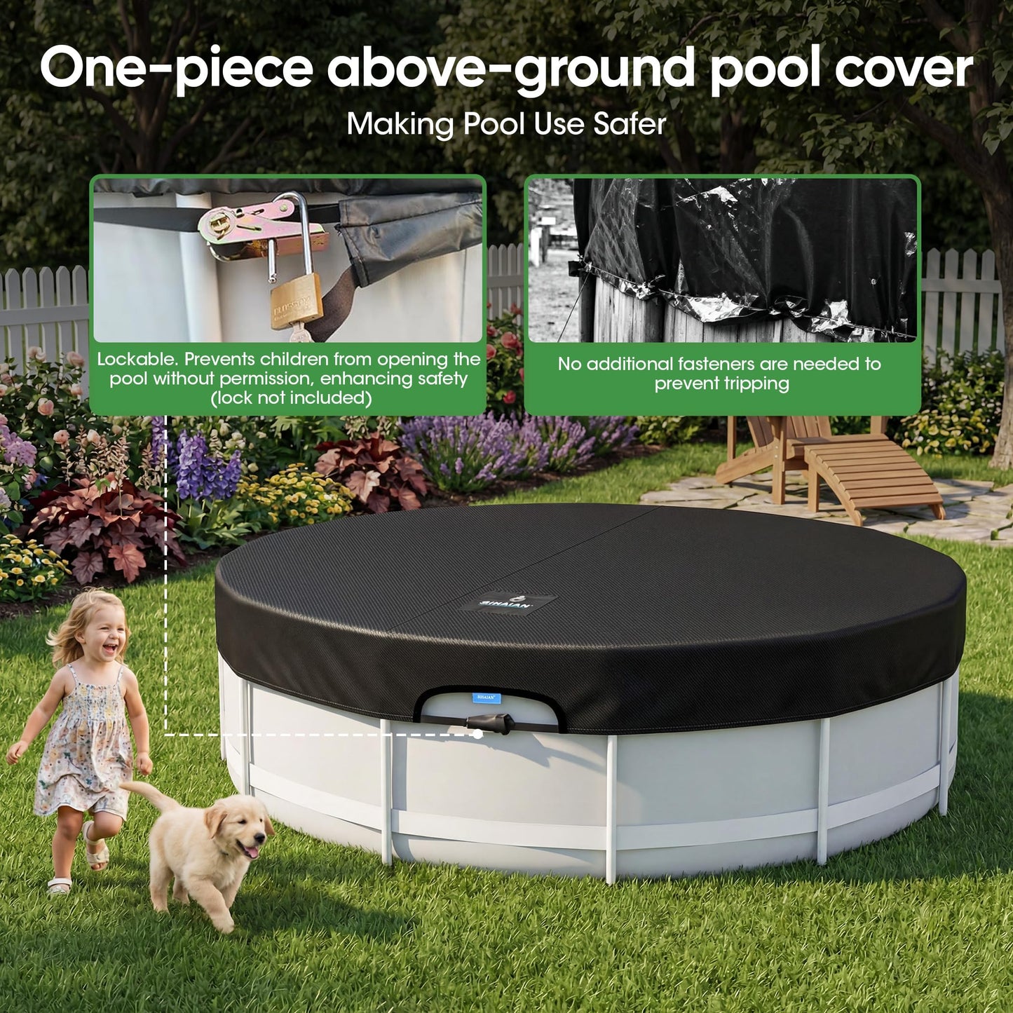 SIHAIAN 8 Ft Round Pool Cover, with Automatic Drain Stock Tank Pool Cover, Patented One-Piece Tensioning System Above Ground Pool Cover, Preventing Waterlogging, Yarn-Dyed Oxford Fabric Solar Cover