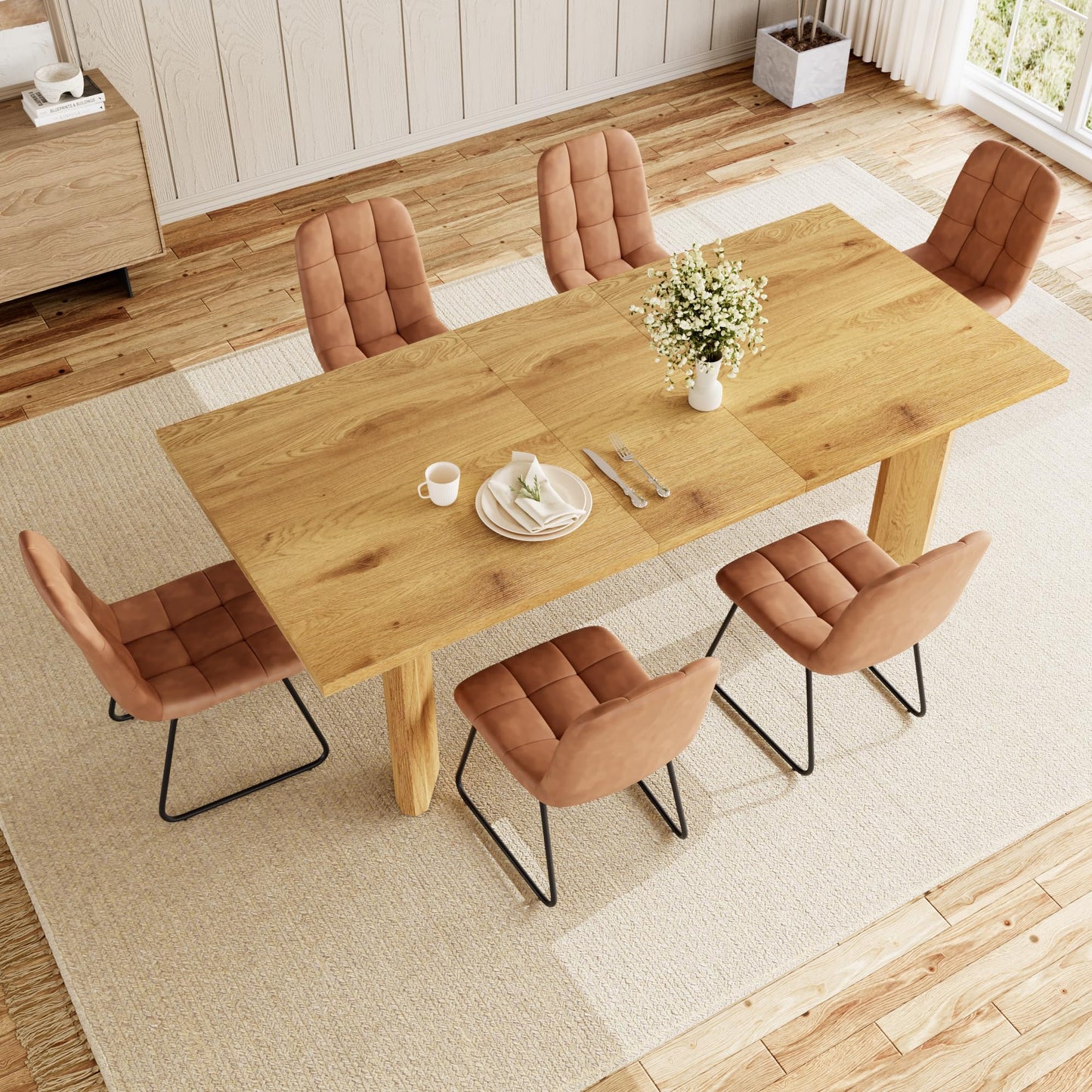 HIPIHOM Extendable Dining Table for 6-8 People, 63 to 78.7 Inch Rectangular MDF Table, Farmhouse Rustic Style, Space-Saving Design for Dining Room, Kitchen, Meeting