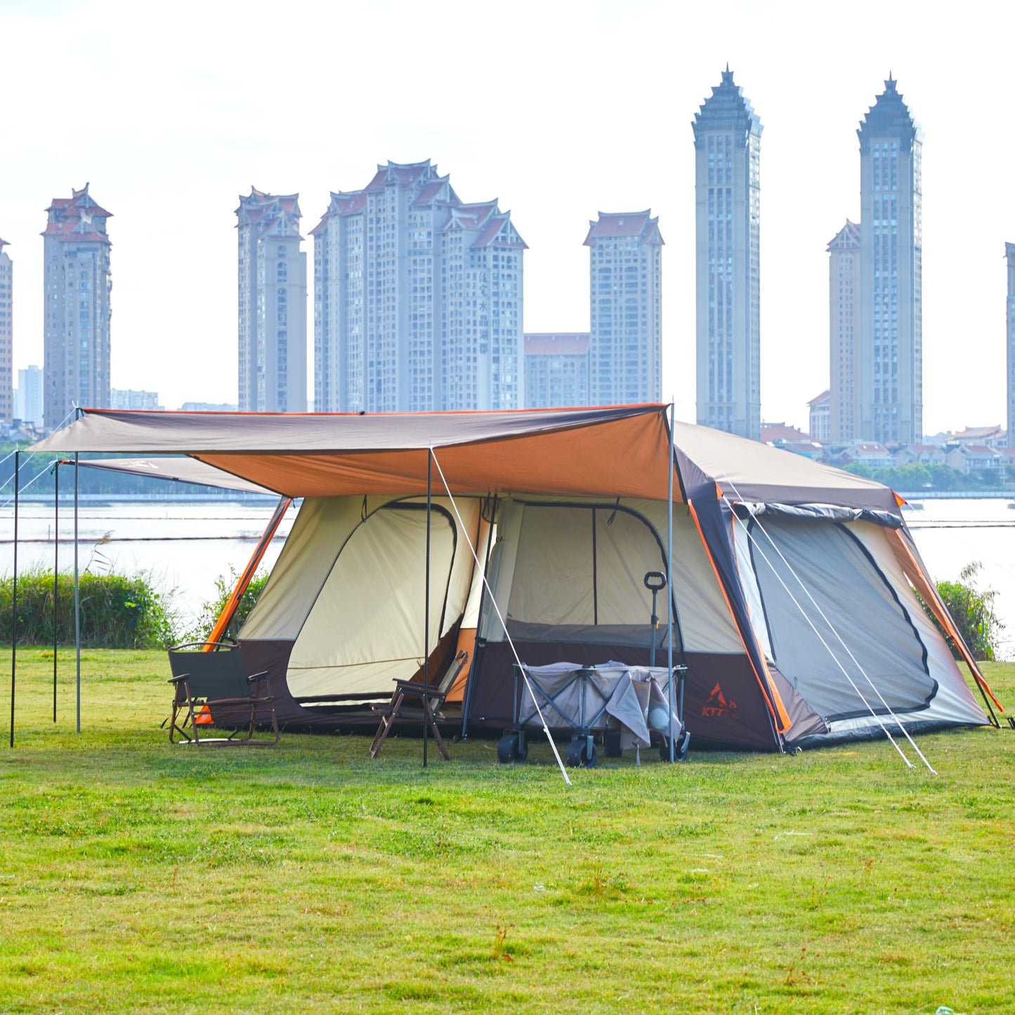 KTT Extra Large Tent 12 Person(A),Awning Family Cabin Tents,2 Rooms,4 Doors and 4 Windows with Mesh,Straight Wall,Waterproof,Double Layer,Big Tent for Outdoor,Picnic,Camping,Family Gathering(Brown)