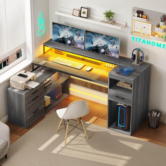 YITAHOME L Shaped Desk with Drawers, 59" Corner Computer Desk with Power Outlets & LED Lights, Farmhouse Wood L-Shaped Desk with File Cabinet, Printer Stand, Host Stand for Home Office, Grey