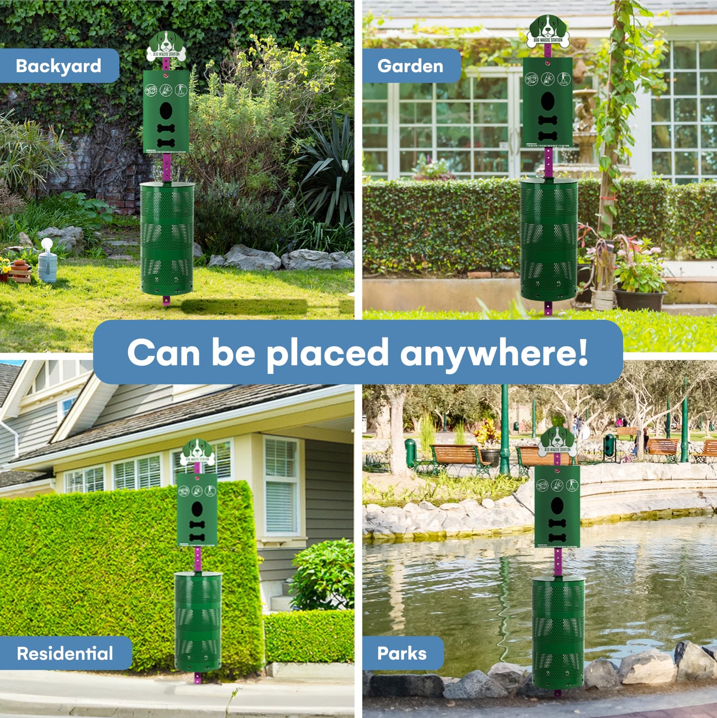 Flybold Dog Waste Station - Outdoor Dog Poop Trash Can with Poop Bag Dispenser - 400 Roll Bags, 100 Pull Bags, 50 Can Liners - Pet Waste Bag Disposal System for Parks and Public Spaces - 13x26 Inches