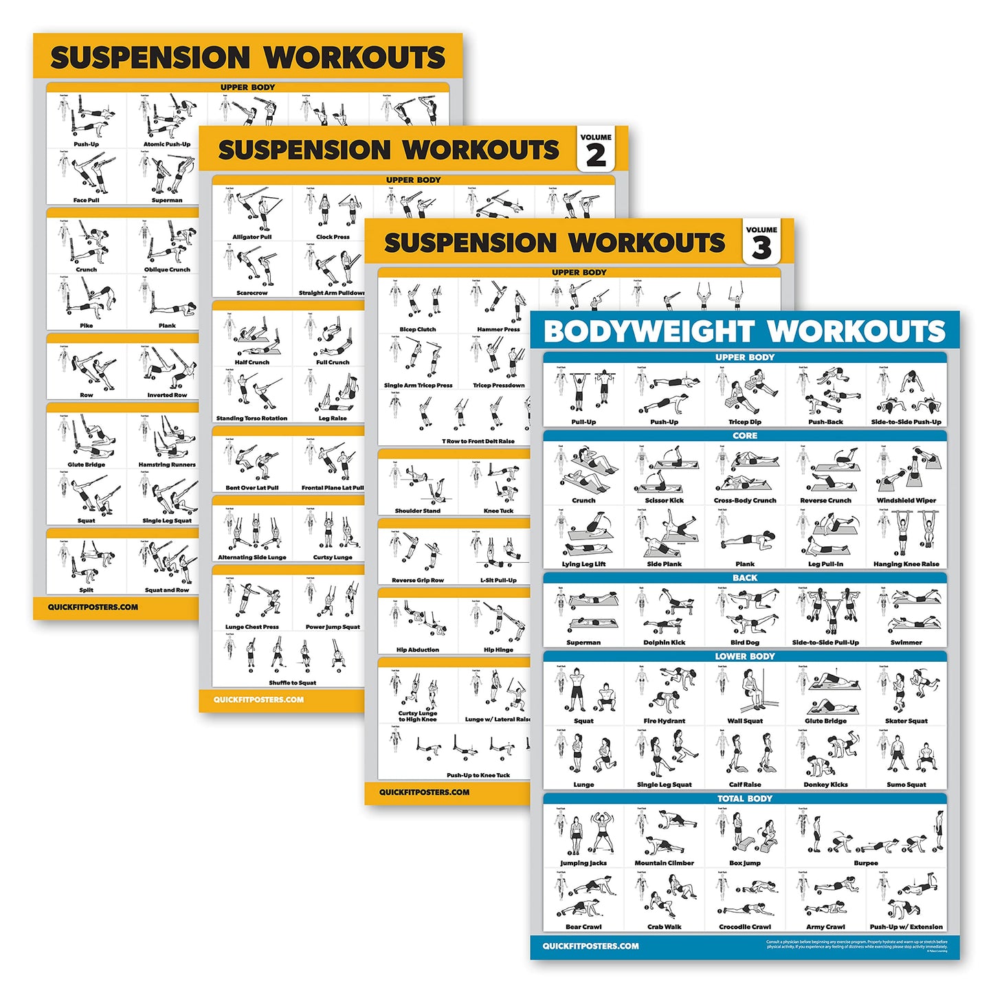 Palace Learning 4 Pack - Suspension Workout Posters Volume 1, 2 & 3 + Bodyweight Exercise Chart - Set of 4 Posters (LAMINATED, 18" x 24"")"