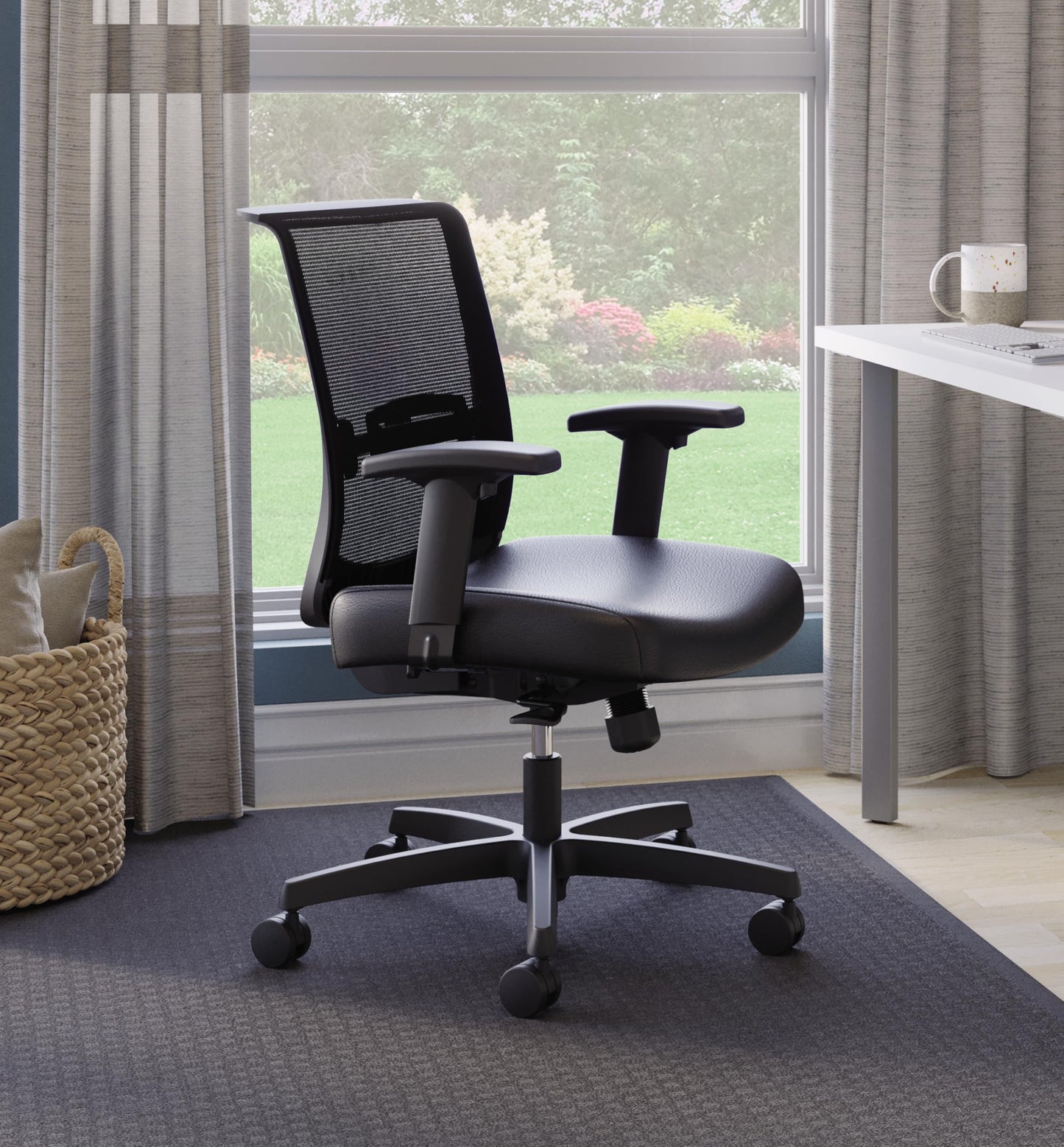 HON Convergence Ergonomic Office Chair, Breathable Back Support Mesh, Adjustable Arms, Computer Seating with Lumbar Support, Swivel Wheels, Synchro-Tilt Recline, Vinyl, Black