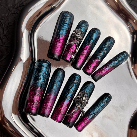 Handmade Fake Nails Press On Nails Dark Baroque with Skulls and Vintage Clocks for Women Size M