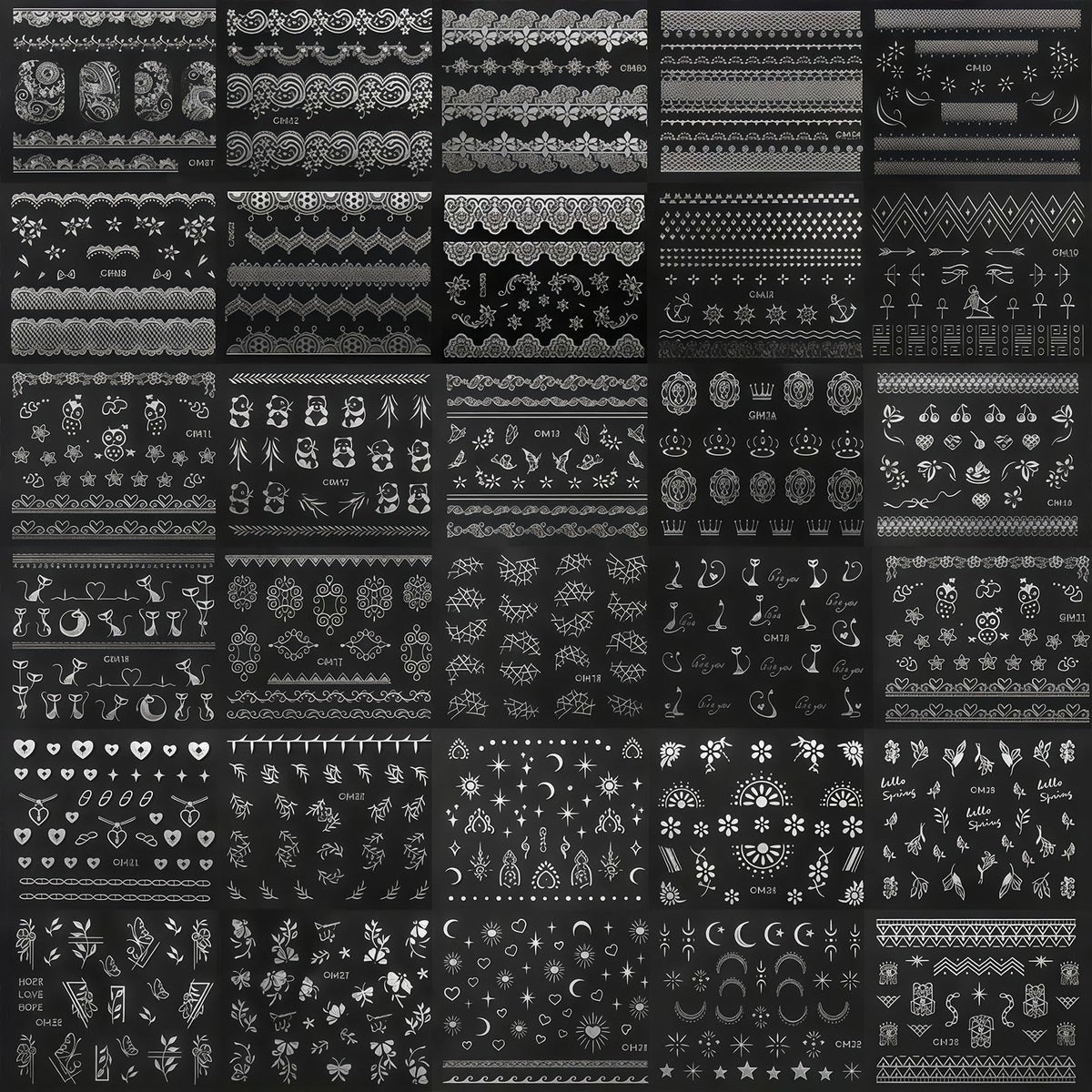30 Sheets Silver Bohemian Nail Stickers, 3D Self Adhesive Retro Lace Leaf Cat Nail Decals Designs Decorations Accessories for Women Girls, Wedding Party Nails