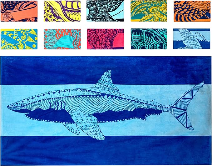 Nova Blue Shark Beach Towel â Blue with A Tropical Design, Extra Large, XL (34âx 63â) Cool Hawaiian, Navy Beach Towel with Light Blue Stripe, Made from 100% Cotton