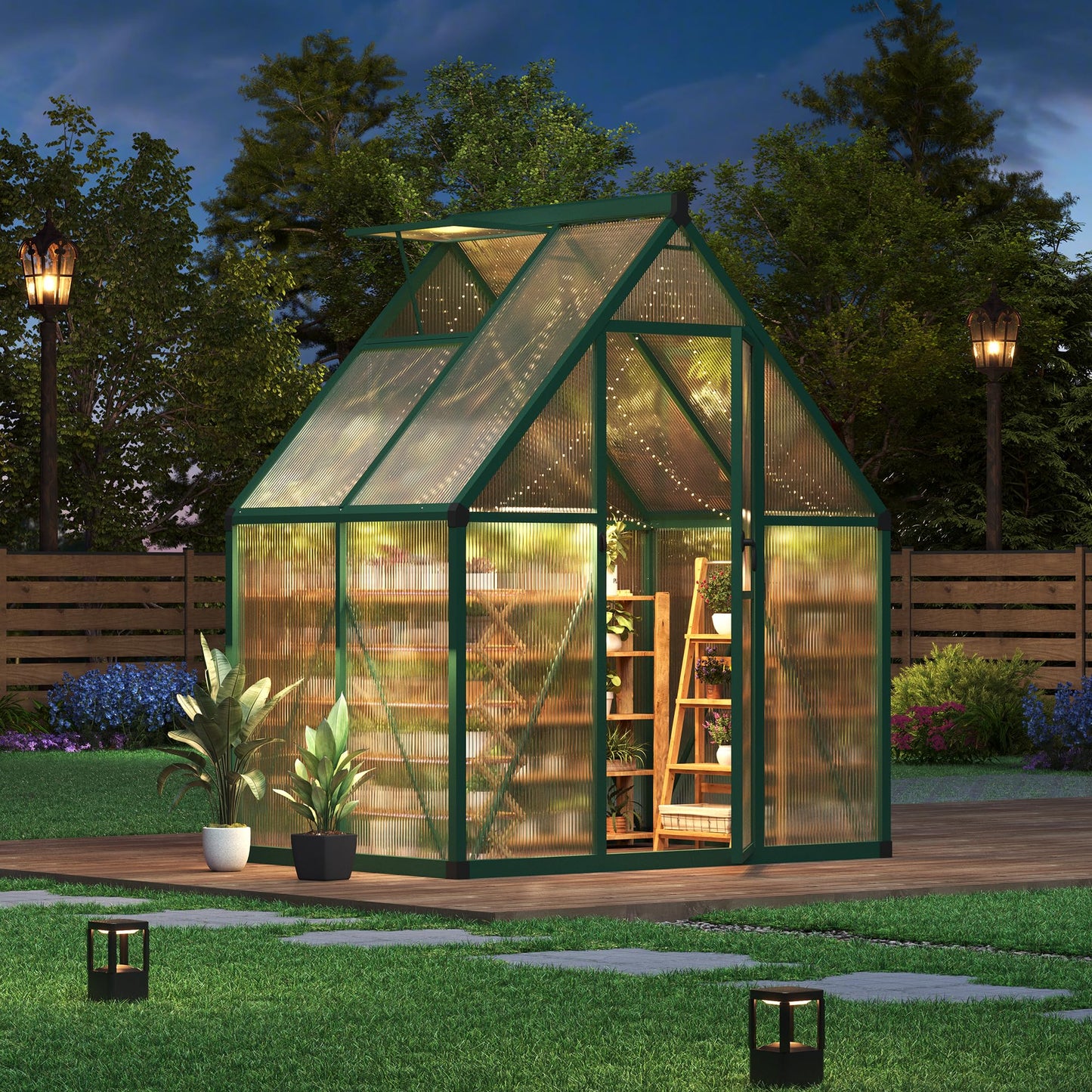 GarveeHome 6×4 FT Outdoor Greenhouse, Large Walk in Greenhouses for Outdoors and Garden Planting, Polycarbonate Green House with Enhanced Aluminum Frame and W/Lockable Push Door, Green