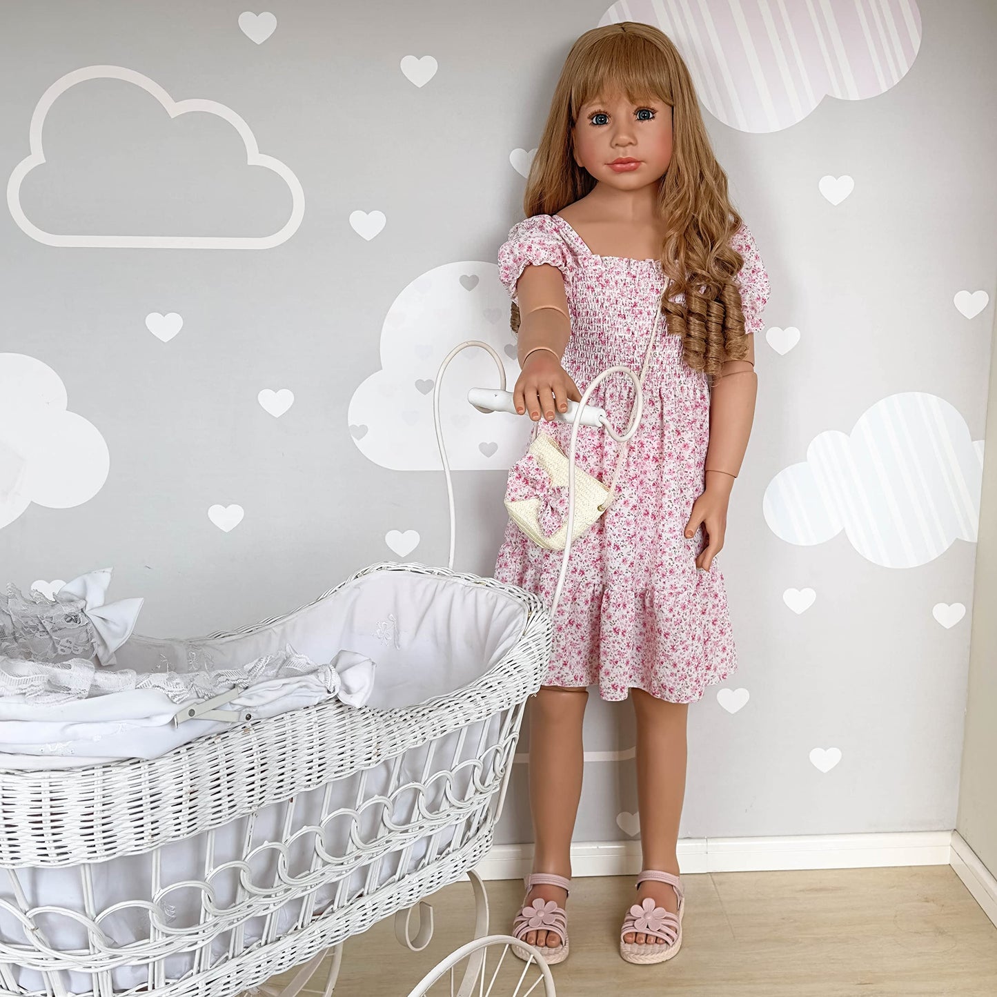 Pinky Reborn 47inch 120cm Reborn Toddler Doll,Huge Baby Full Body Hard Vinyl Smile Girls Real Child Realistic Newborn Toddler Dolls Girl Dress Model Brown Hair Girl Collectible Floral Dress (Pink)