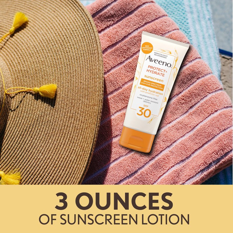 Aveeno Protect + Hydrate Moisturizing Sunscreen Lotion with Broad Spectrum SPF 30 & Prebiotic Oat, Weightless Sweat & Water-Resistant Full Body Sunscreen, Oxybenzone-Free, 3.0 fl. oz