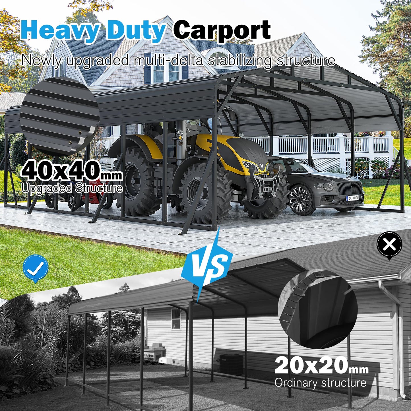 AirWire Carport Canopy 20’X30’ Heavy Duty Car Port Galvanized Steel Roof, Reinforced Stable Triangle Frame for Snowy Windy Metal Carports Enhanced Base Car Tent for Car,RV,Pickup,Boat,Truck,Tractor