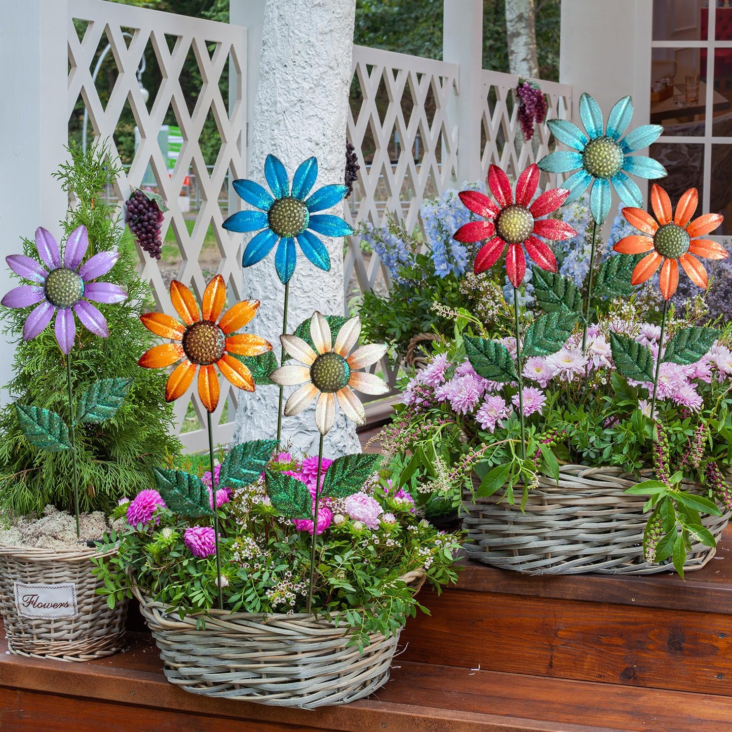HUTHDAK Metal Flowers for Outside,8 Pack 16.15" Decorative Garden Stakes with Swaying Flowers Head Yard Art,Spring Garden Decor for Lawn, Pathway & Garden