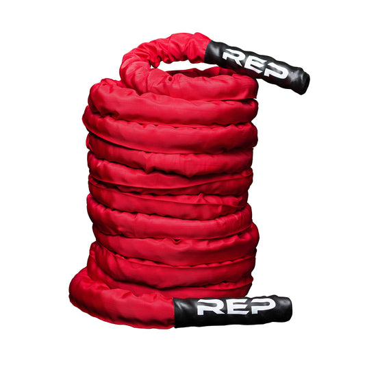 REP Battle Ropes - PolyDacron Battle Rope for Strength and Conditioning Workouts – 1.5" and 2" Diameter, 30ft, 40ft, 50ft Lengths with Optional Cover Sleeve (Red with Sleeve, 2.0 x 30 ft)