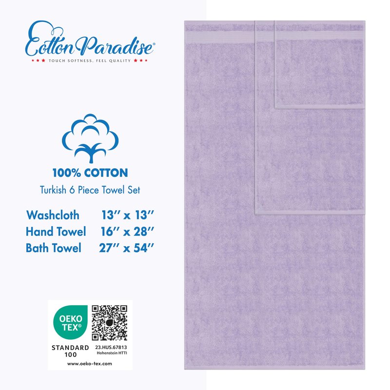 Cotton Paradise 6 Piece Towel Set, 100% Cotton Soft Absorbent Turkish Towels for Bathroom, 2 Bath Towels 2 Hand Towels 2 Washcloths, Lilac Towel Set