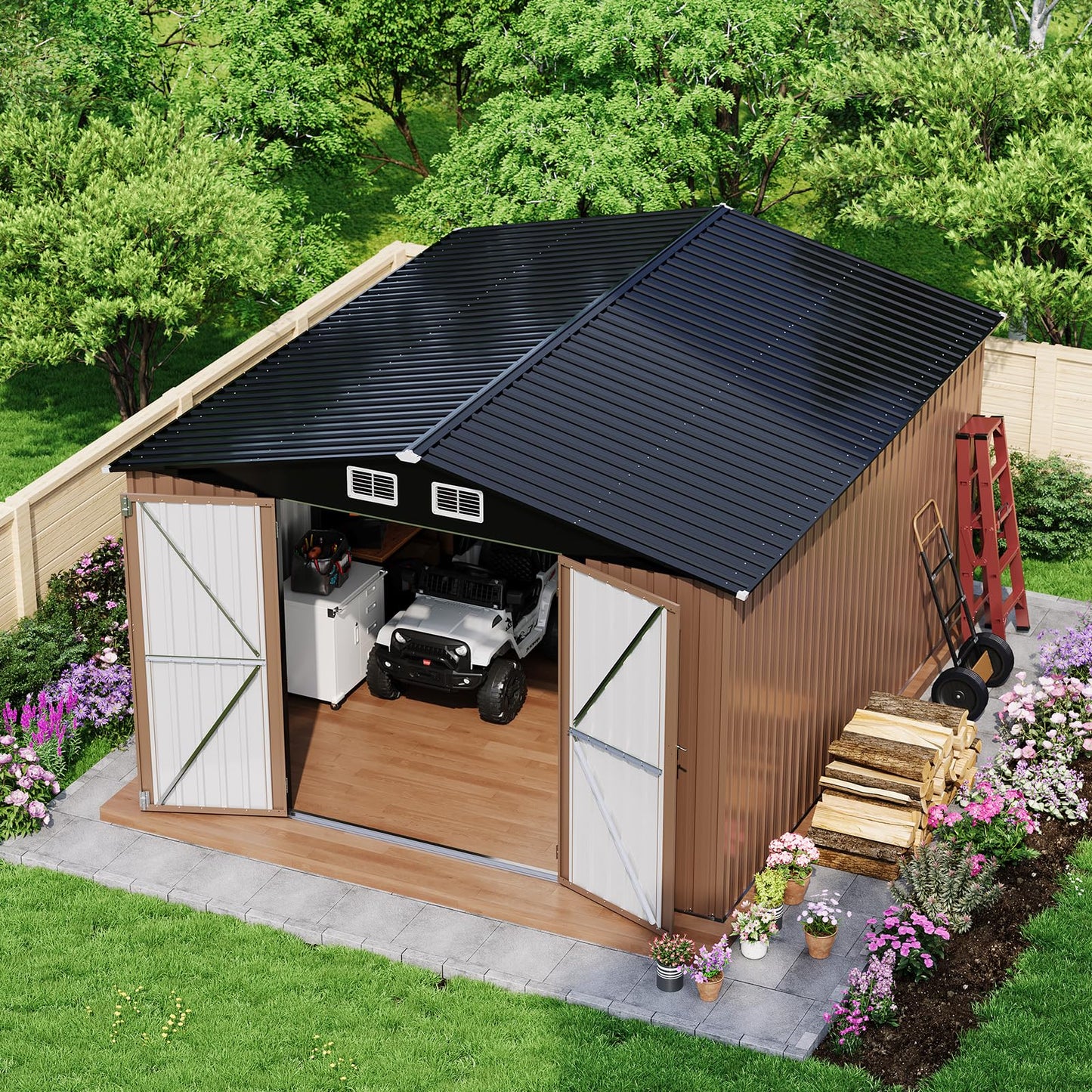 GarveeLife 12 X 10 ft Outdoor Storage Shed, Metal Garden Sheds & Outdoor Storage with Updated Frame Structure, Backyard Garden Terrace Tool Shed for Backyard, Lawn, Patio, Bike Storage, Brown