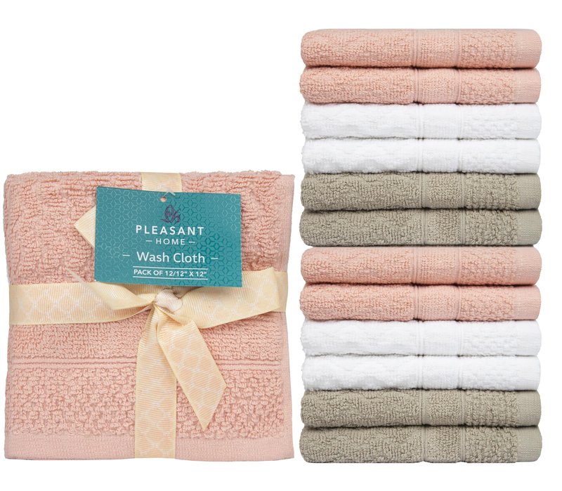 PH Pleasant Home Diamond Wash Cloths Set - 12 Pack (12” x 12”) – 509 GSM - 100% Ring Spun Cotton Wash Cloth - Super Soft and Highly Absorbent Face Towels (Blush, White & Tan)