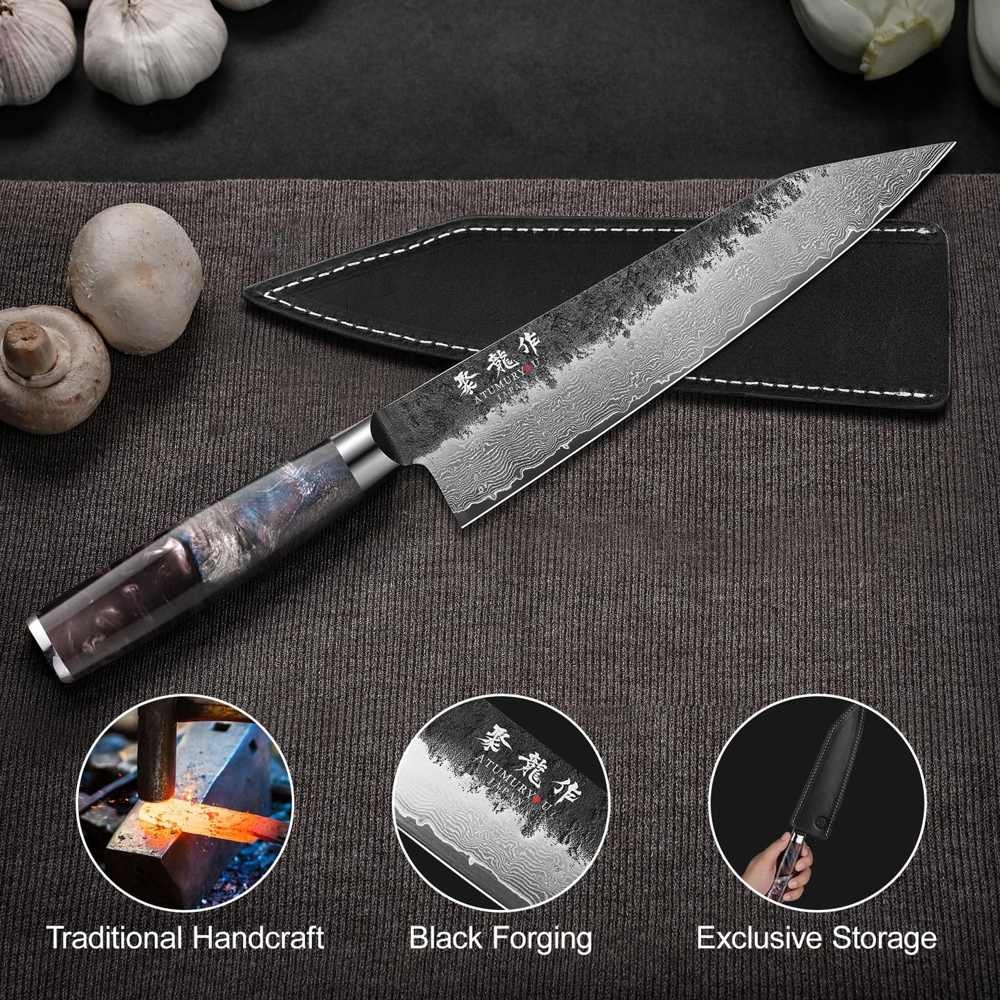 8.27 Inch Japanese Kiritsuke Chef Knife with VG10 Core, Professional 67-Layer Hand-Forged Damascus Knife with Ergonomic Handle, Leather Sheath and Elegant Gift Box – Perfect Gifts for Women Men