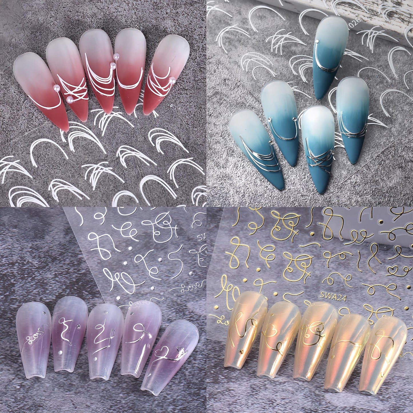 8 Sheets French Line Nail Art Stickers 3D Self-Adhesive Exquisite Gold and Silver White Metallic Designs Nail Decals Irregular French Line Nail Supplies for Women and Girls DIY Nail Art Decoration