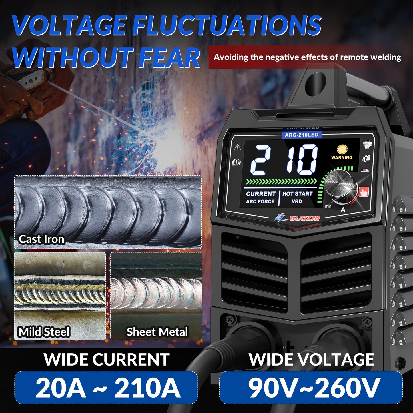 GZ GUOZHI Stick Welder 210Amp Large LED Display Digital Inverter IGBT Welding Machine,110V/220V Dual Voltage Hot Start Portable MMA ARC Welder Machine