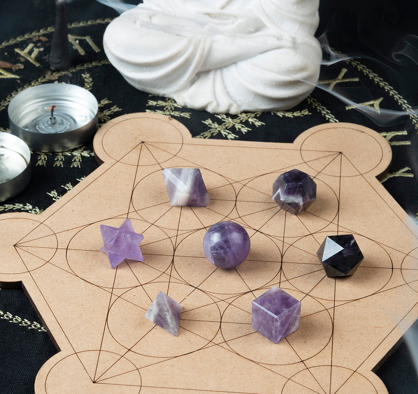 Crocon Amethyst 7 Pcs Platonic Sacred Stones Geometry Set for Chakra Stone Balancing Reiki Healing Spiritual Good Luck Home Office Decor Size: 15-20 mm