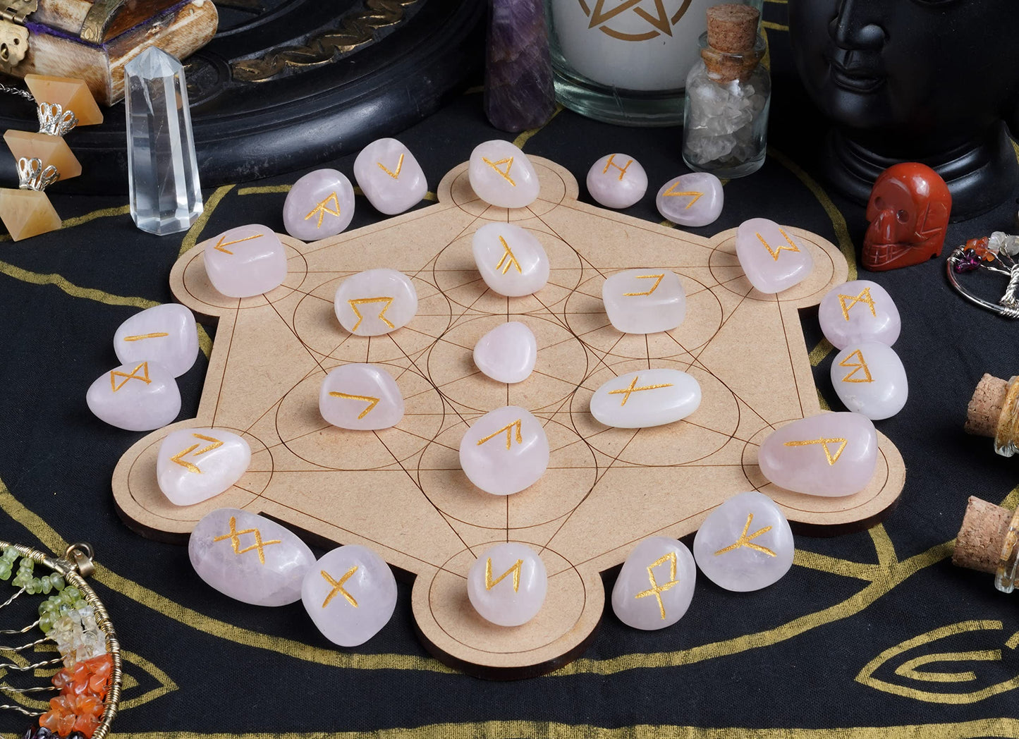 Crocon Rose Quartz Gemstone Rune Stone with Elder Futhark Alphabet Engraved Symbol 25 pcs Set for Feng Shui Reiki Crystal Healing Chakra Balancing Gift Home Decor Size: 15-20 mm