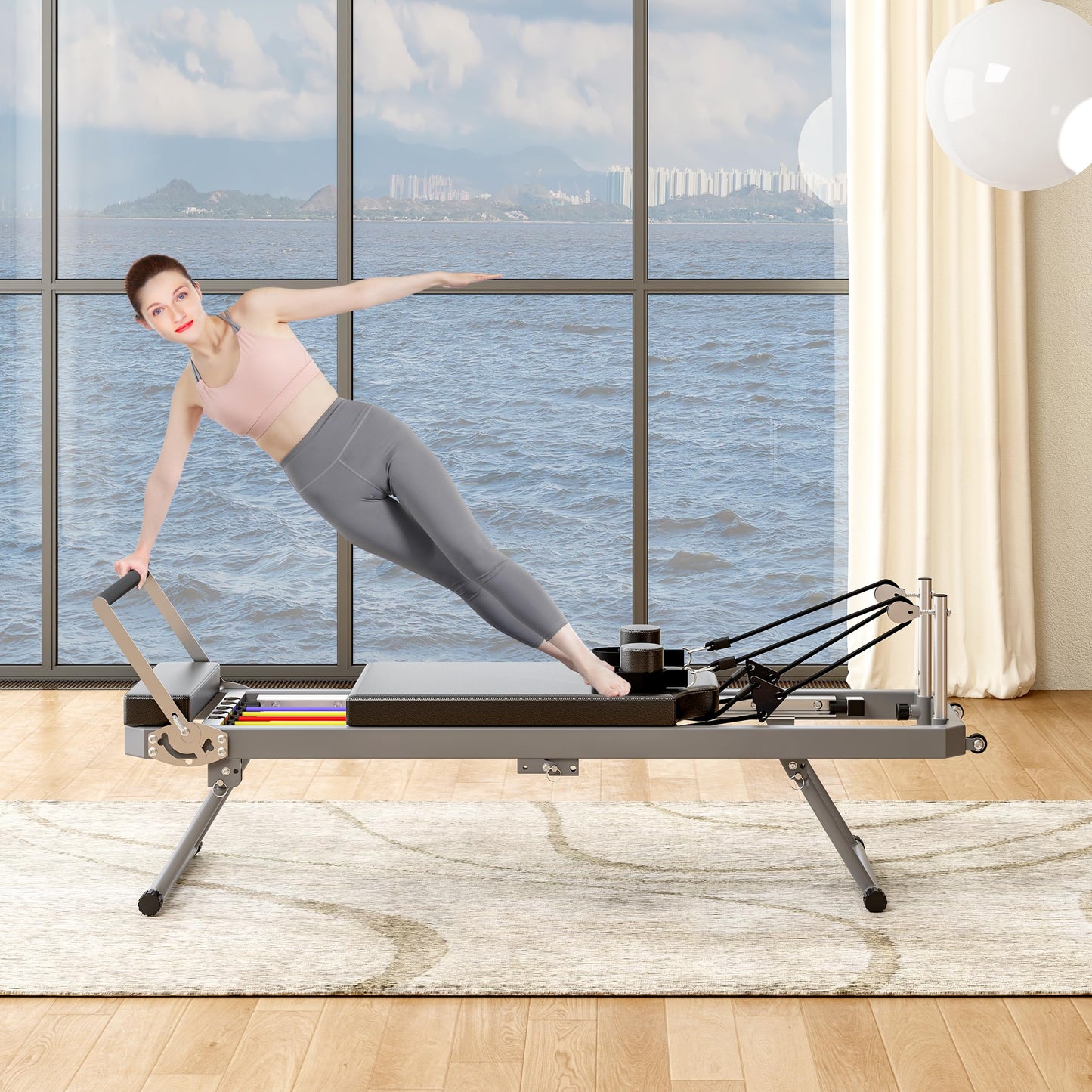 KEIKI Pilates Reformer Machine, Foldable Pilates Core Board Bed for Home Workout, Multifunctional Yoga Studio Equipment w/Resistance Band & Adjustable Footbar Reformer Height, Easy Assembly, Black